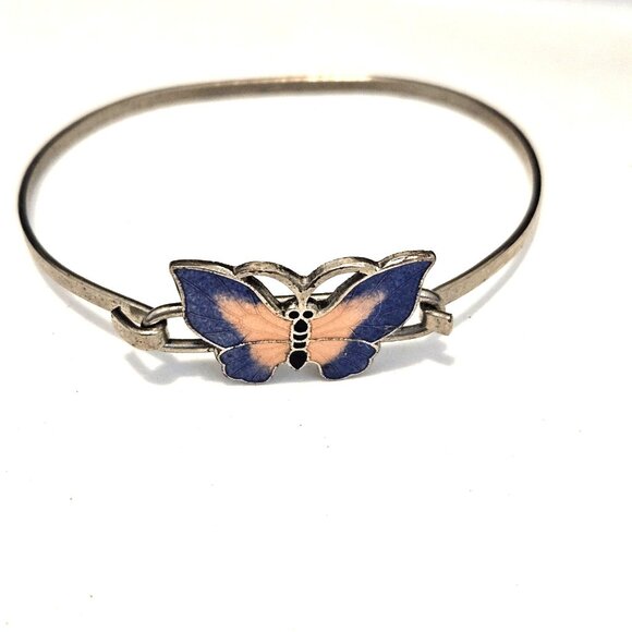 Vintage Silver Tone Pink & Purple Enamel Butterfly Cuff Latch 7" Bracelet - Picture 1 of 3